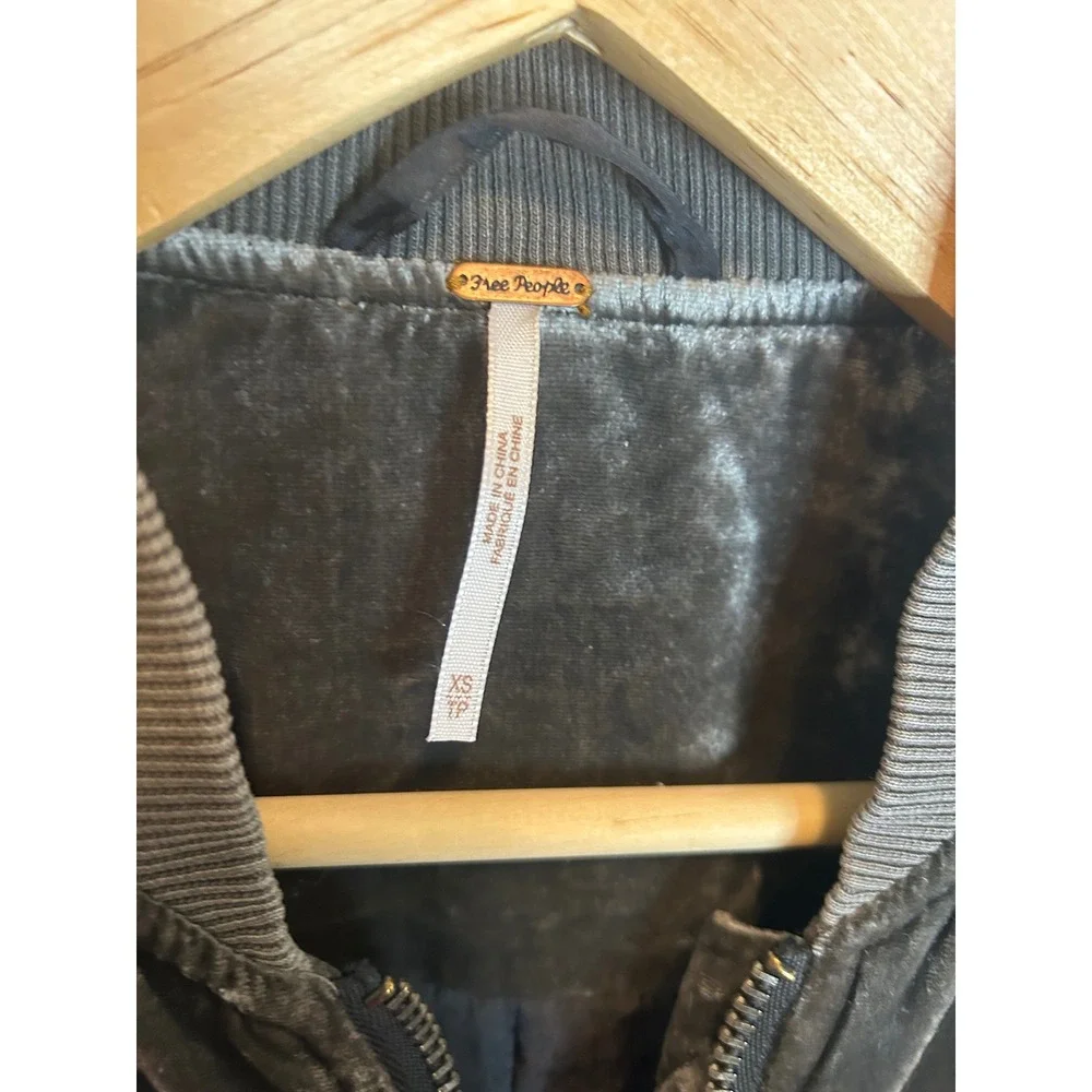 Free People Bomber Jacket sage green Velvet Ruched Sleeve‎ Full Zip Coat XS